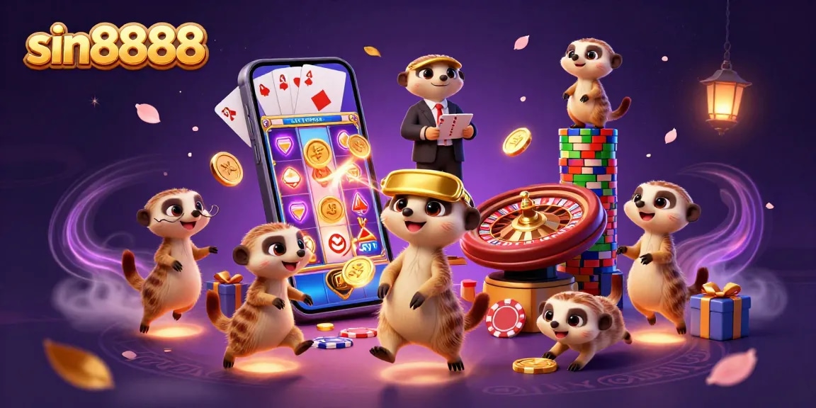 Engage with sin8888's vibrant casino world where meerkats manage games and emote excitement.