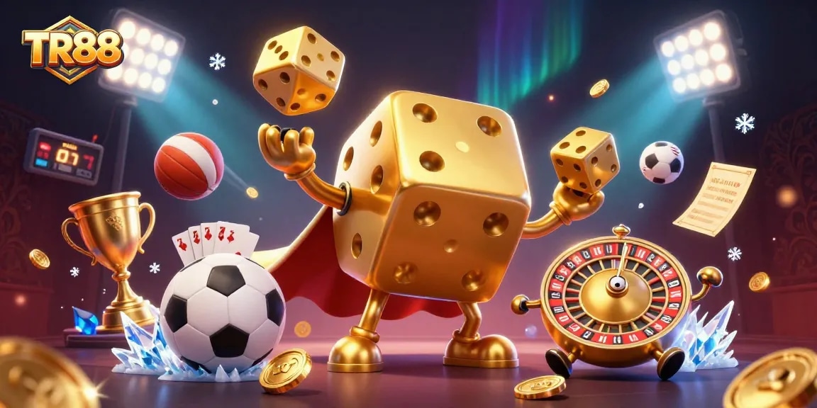 Experience TR88's excitement with a dynamic casino scene featuring golden dice and vibrant sports elements.