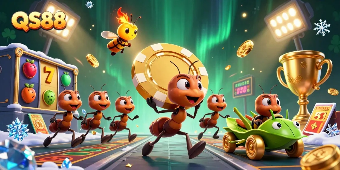 Engage in thrilling gambling action with QS88 as ants escape with giant golden poker chips through a dynamic casino-themed scene.