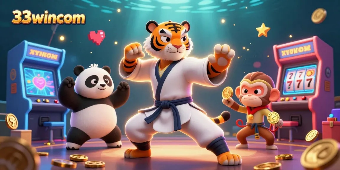 33wincom showcases a vibrant casino scene with a kung fu tiger master, panda disciple, and monkey stealing a medal.