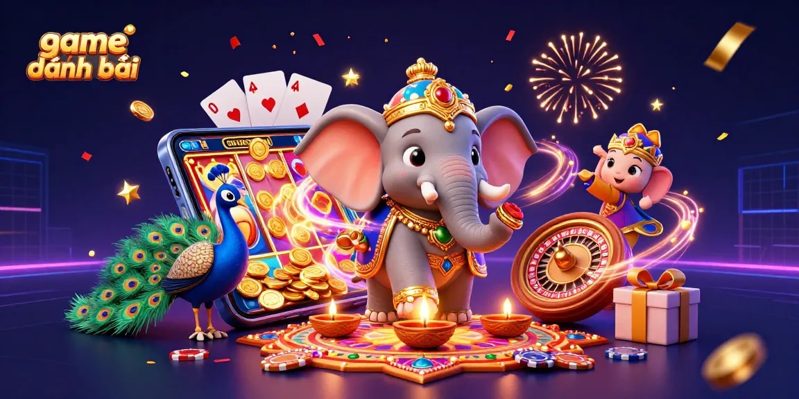 Engage in game đánh bài with vibrant casino elements including cards and coins.