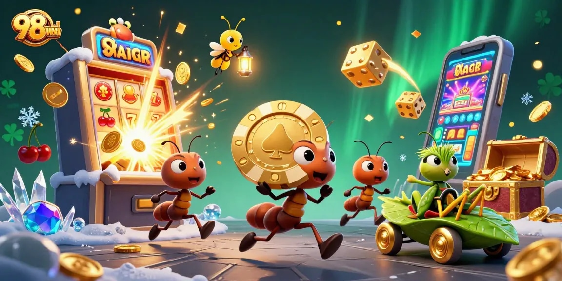 Experience 98win's thrilling casino adventure with animated ants carrying a giant gold poker chip.