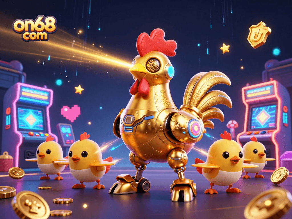 Engage in thrilling gameplay at on68 com with a dazzling 3D illustration of a golden rooster robot and baby chick drones.
