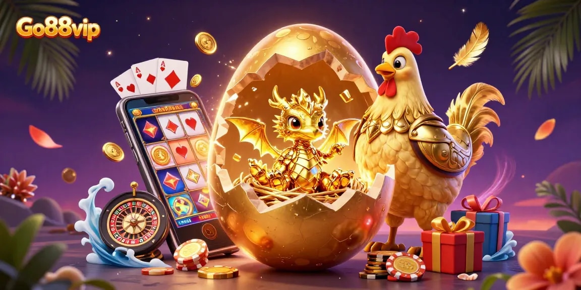 Experience thrilling gameplay with Go88vip's captivating 3D illustration featuring golden dragon and casino elements.