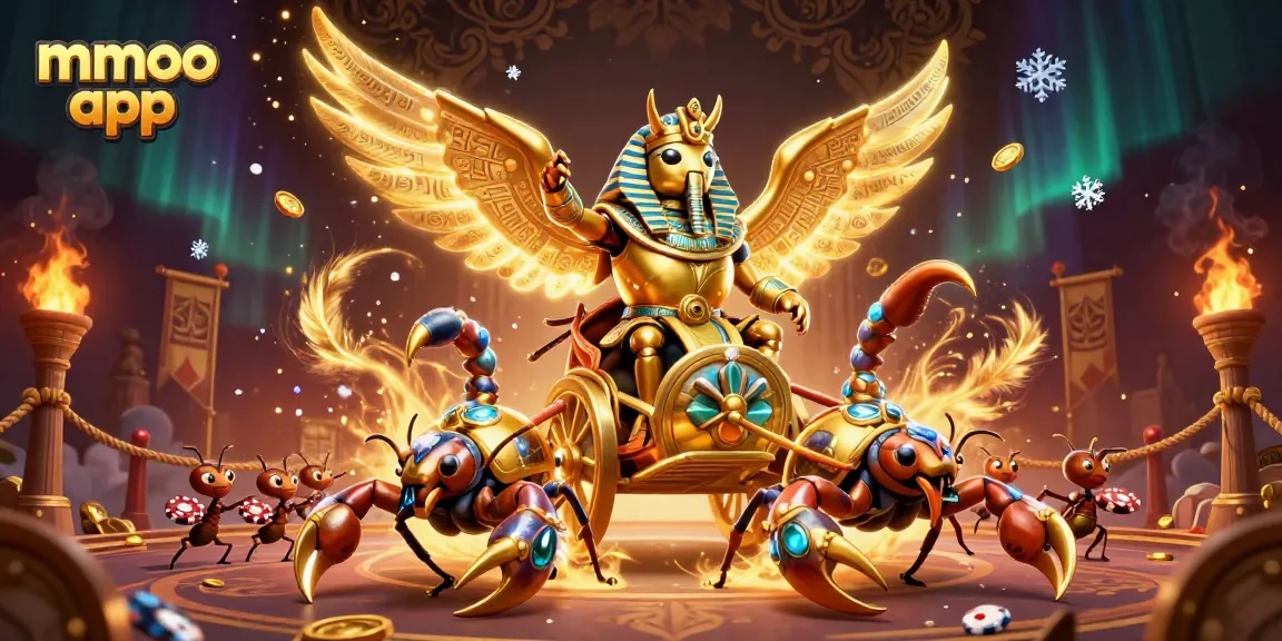 Engage with the mmoo app experience, showcasing a golden scarab beetle in a vibrant casino-inspired scene.