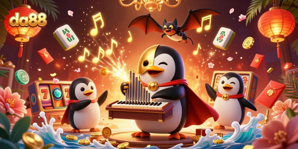 Engage with da88 slots featuring a cartoon penguin organist, golden coins, and festive elements in action.