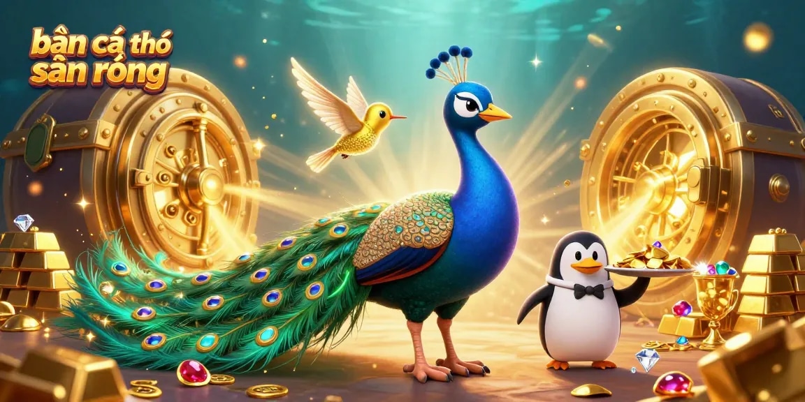 Engage in bắn cá thợ săn rồng with a vivid underwater scene featuring an aristocratic peacock and treasure.