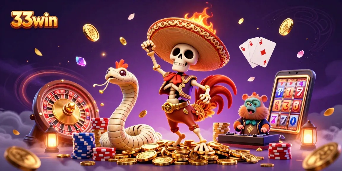 Engage in thrilling casino action with 33win's vibrant illustration of festive gaming elements.