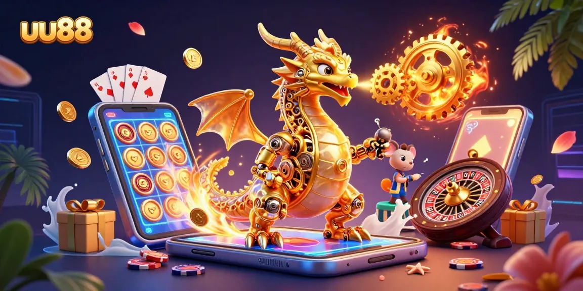 Engage with thrilling uu88 slot adventures featuring a golden dragon and dynamic gaming elements.