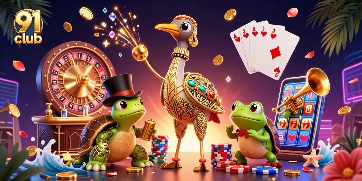 Engage with the exciting world of 91 club through a vibrant casino-themed 3D illustration featuring characters and dynamic elements.