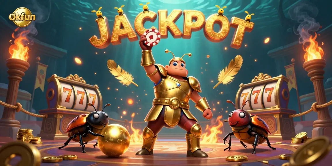 Spin to win with okfun as a hercules beetle lifts a poker chip in a vibrant casino scene.