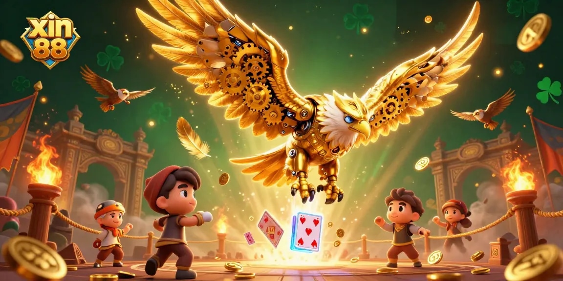 Engage in thrilling gaming action at xin 88 with vibrant holographic cards and golden eagle symbols.