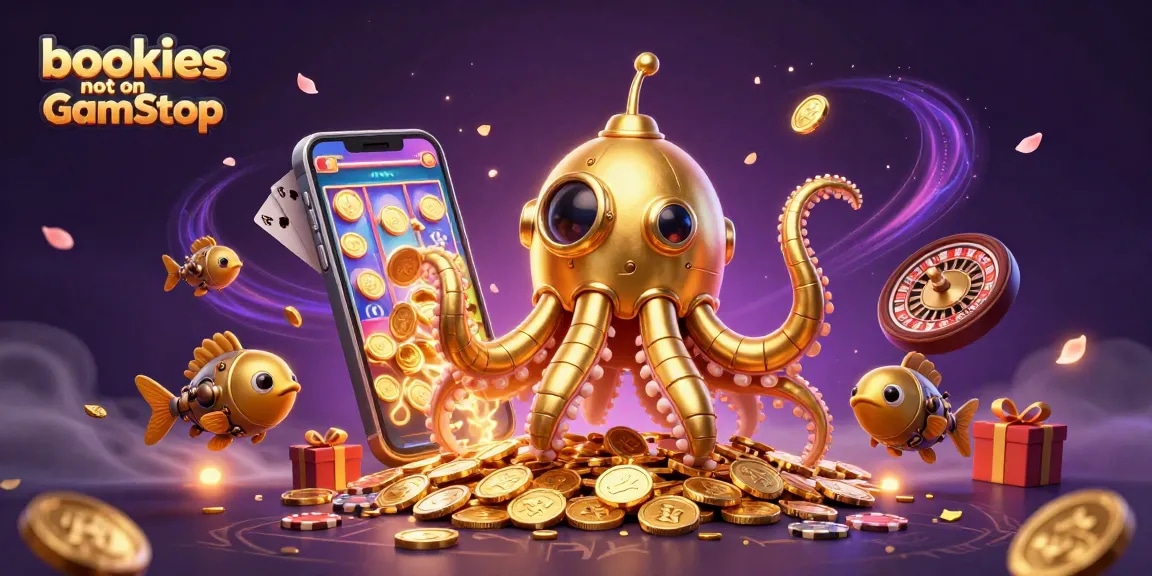 Engaging visual of bookies not on GamStop featuring a golden kraken submarine and vibrant slot game elements for online gaming excitement.