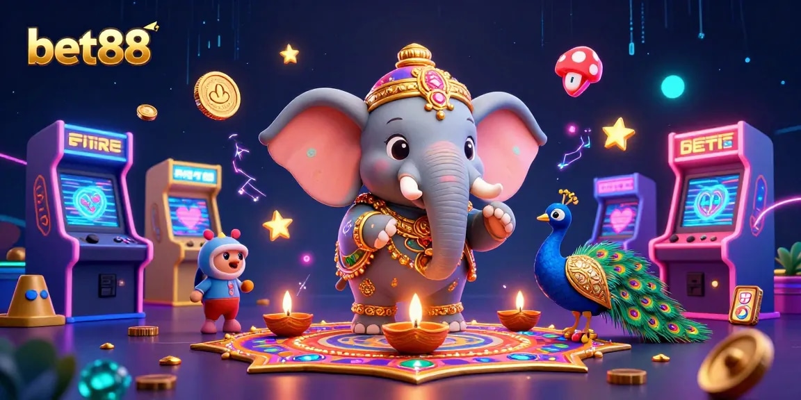 Engage in thrilling gameplay with bet88's vibrant casino scene featuring colorful characters and arcade elements.