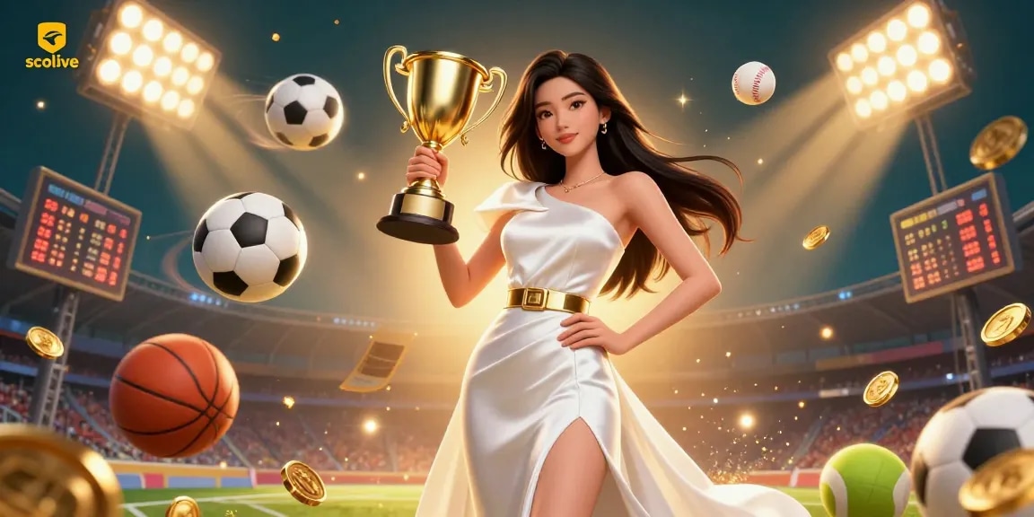 Socolive presents a dynamic sports betting scene with a confident Asian woman holding a trophy amidst soccer elements.