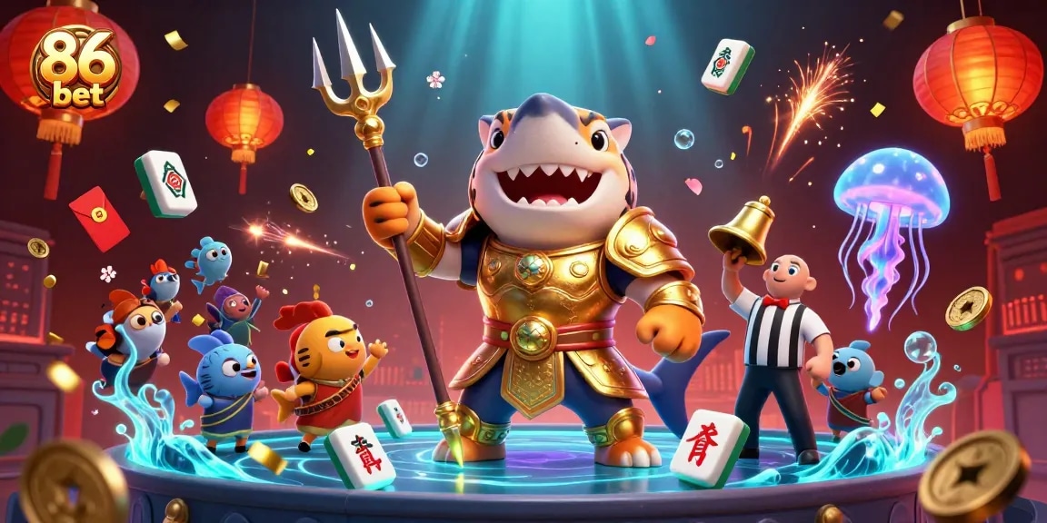 Experience the thrill of 86 bet in a vibrant underwater casino with a fierce tiger shark and exciting game elements.
