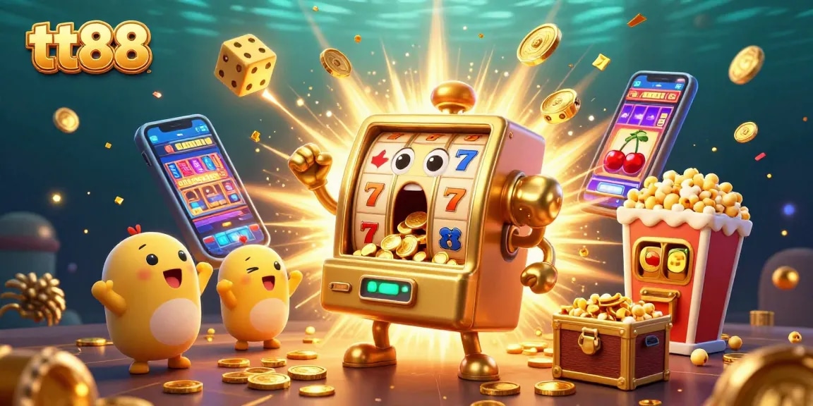 tt88 slot machine wins jackpot as coins pour, accompanied by cheering smaller slots and a popcorn machine.