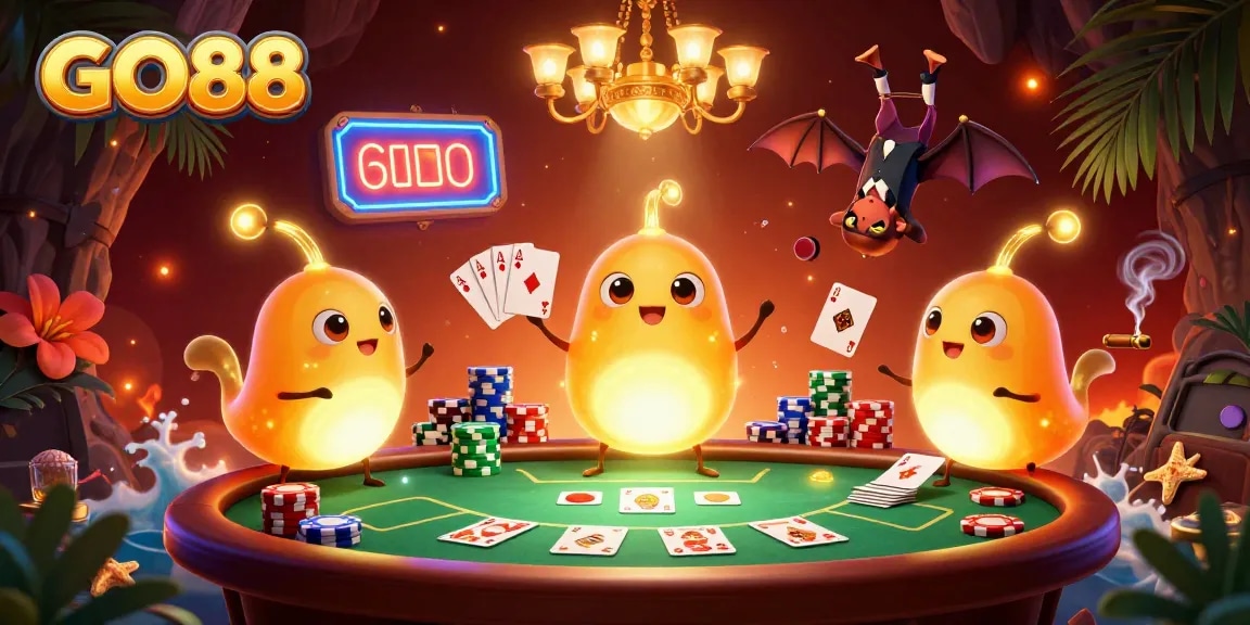 Win big at GO88 with a vibrant glowworm casino scene featuring poker action and rich gaming elements.