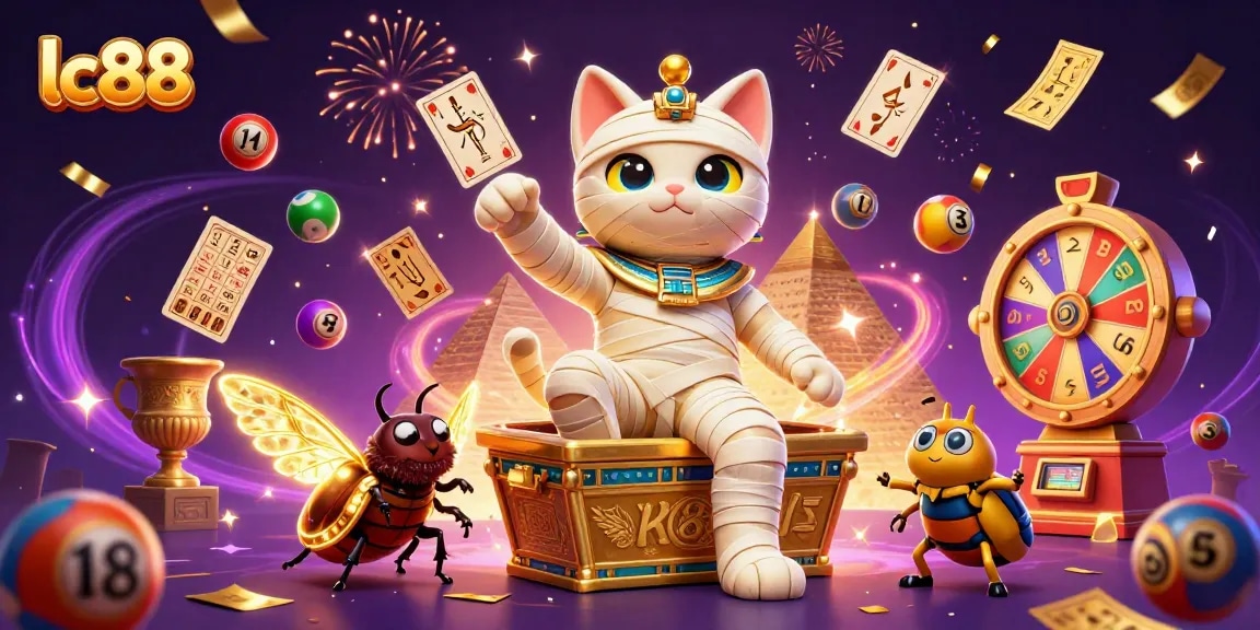 lc88 showcases a thrilling gaming adventure with a 3D mummy cat in a lively casino atmosphere.