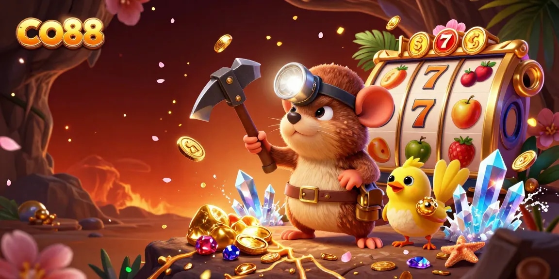 Engage with CO88's thrilling slot adventure with a treasure hunting mole amidst shining gems and vibrant symbols.
