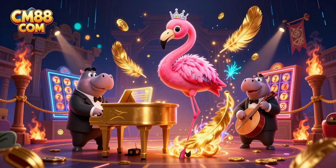 Experience excitement at CM88 COM with vibrant casino illustration of a flamingo singer and hippo bassist.