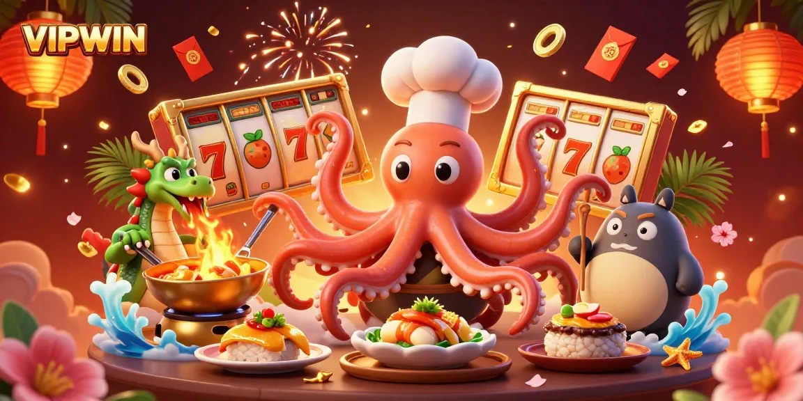 Experience exciting wins with VIPWIN illustrated as an ultra-detailed scene of a sushi chef octopus and dragon.