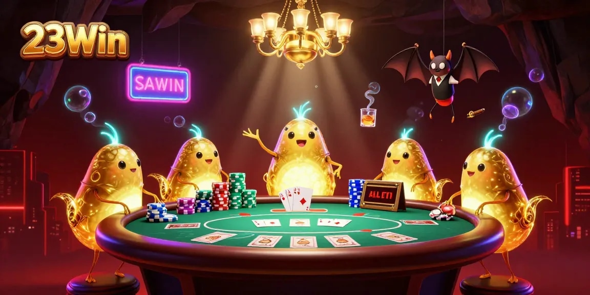 Players experience thrilling poker games at 23Win's glowing cave casino with vibrant character elements.