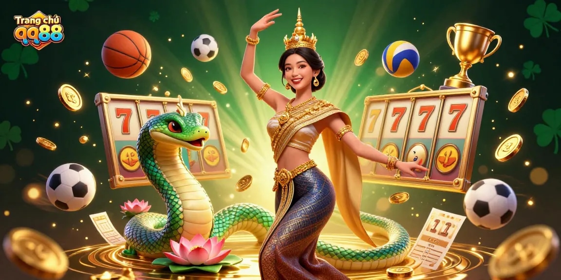 Experience the excitement at Trang chủ qq88 with vibrant slot reels, the Naga serpent, and dynamic sports elements.