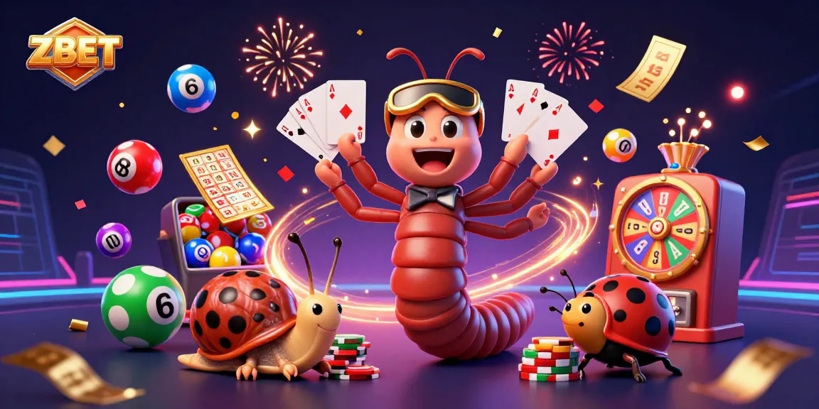 ZBET explosion of excitement with a vibrant casino scene featuring dynamic characters and game elements.