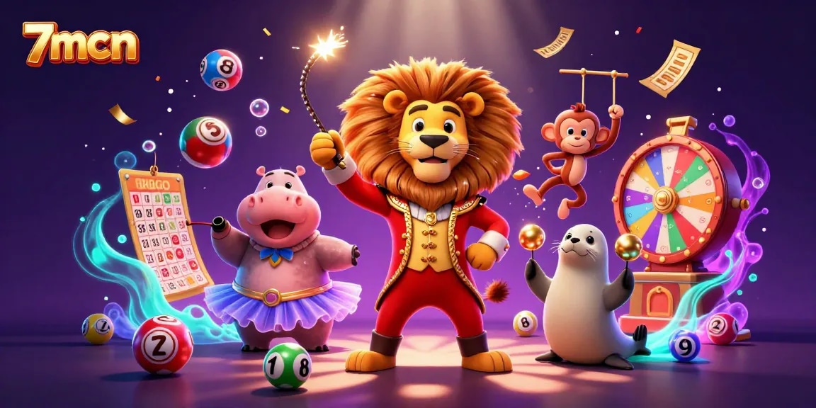 Experience thrilling action and excitement with 7mcn as circus animals engage in vibrant lottery games.