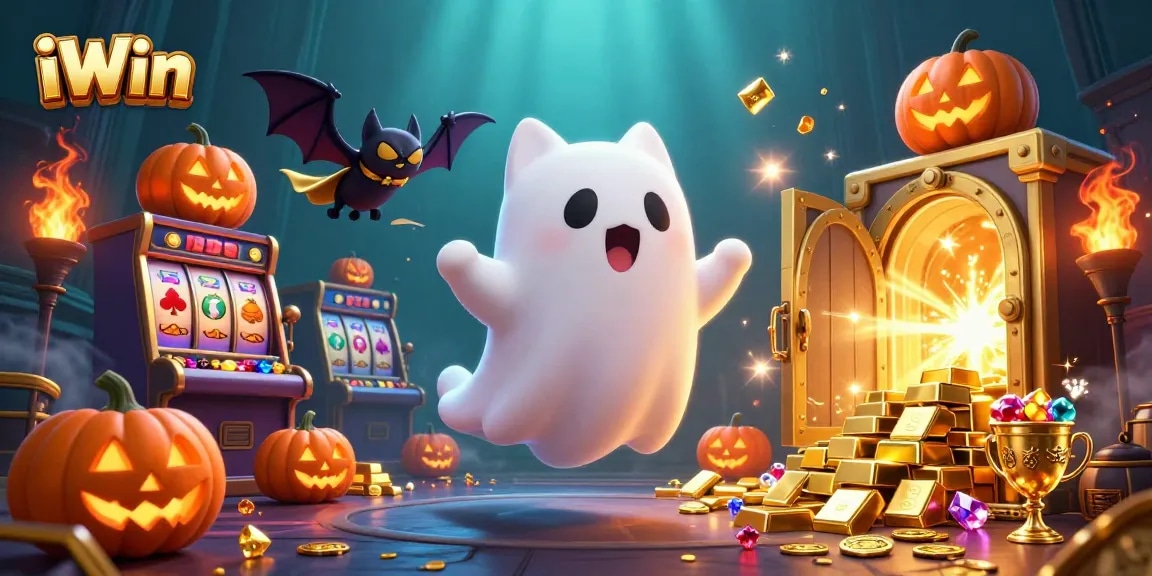 iWin brings excitement as a ghost cat plays slots in a haunted casino environment.
