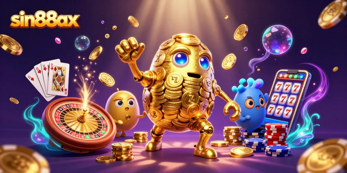 Experience thrilling gameplay with sin88ax featuring golden golem and casino symbols in an exciting 3D digital scene.