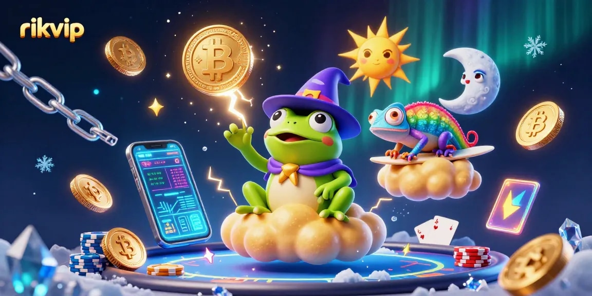 Experience the magic of rikvip with a whimsical 3D illustration depicting a casino scene bursting with coins and festive characters.
