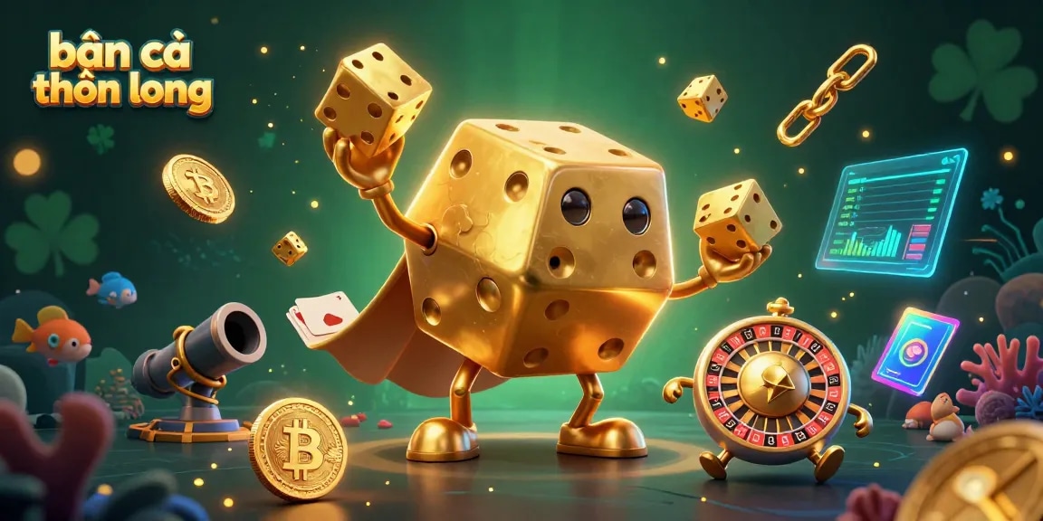 Bắn cá thần long showcases vibrant sea creatures and golden dice in an exciting underwater casino scene.
