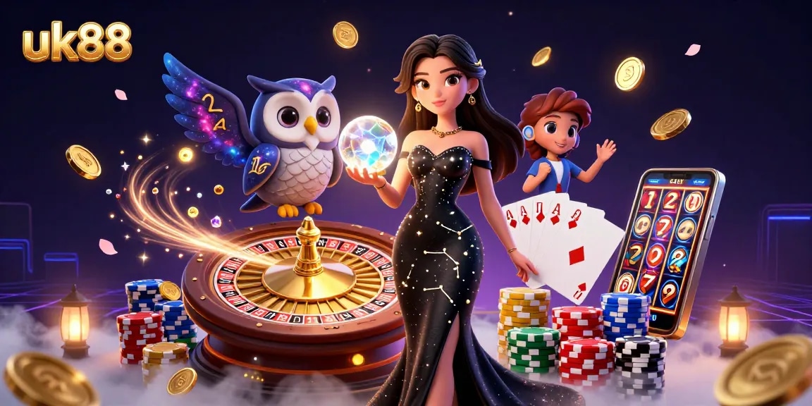 Engage with thrilling bets at uk88, featuring dynamic casino elements like poker chips and roulette.