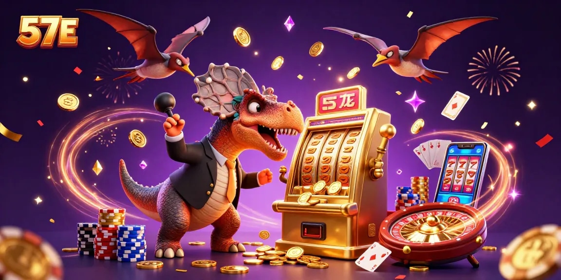 Experience the excitement of 57E as cartoon dinosaurs celebrate jackpot wins in a vibrant casino.