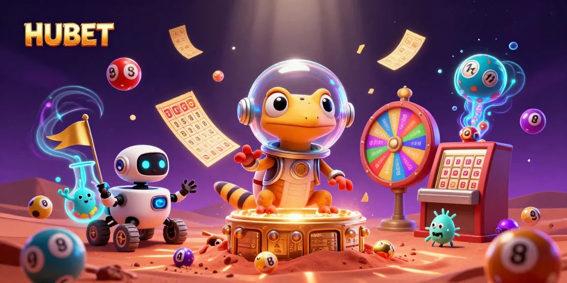 Experience thrilling gaming at HUBET's vibrant casino with colorful lottery elements and dynamic scenes.
