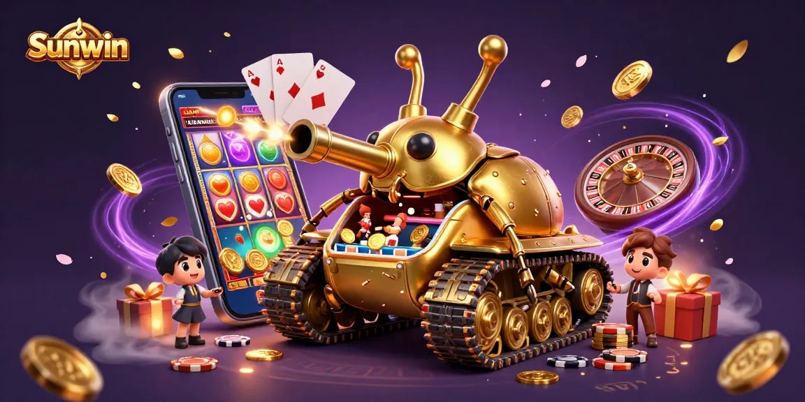 Engage in thrilling gameplay at Sunwin's vibrant miniature casino hosted within a golden beetle tank.