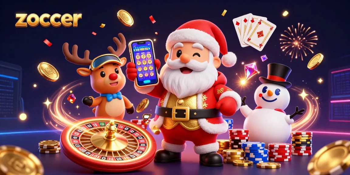 Zoccer offers a vibrant casino experience with Santa and friends celebrating big wins in a colorful 3D scene.
