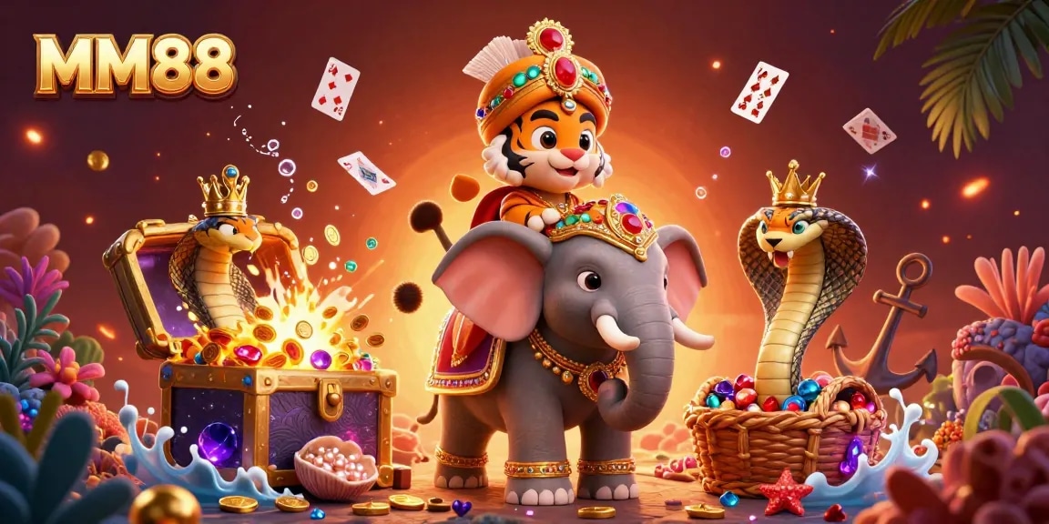 Engage in thrilling gameplay at MM88 featuring vibrant cartoon characters, treasure, and gaming elements.