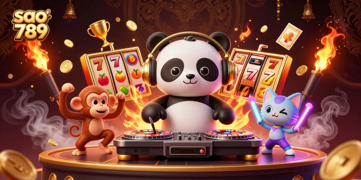 Sao 789's DJ panda spins exciting slot reels while the breakdancing monkey and glow-stick kitten add to the vibrant casino atmosphere.