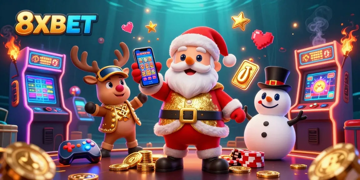 Play exciting games at 8XBET while engaging with a lively casino illustration.
