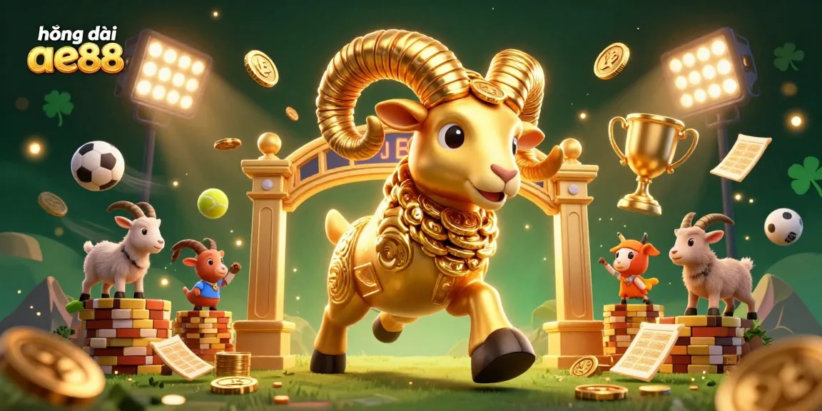 Engage in exciting gaming with hướng dẫn ae888, featuring dynamic sports elements and a golden ram, illustrating the thrill of betting.