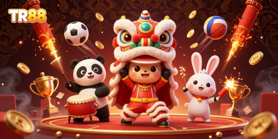 Celebrating at TR88, a lively casino scene features dancing lion with sports and festive elements.