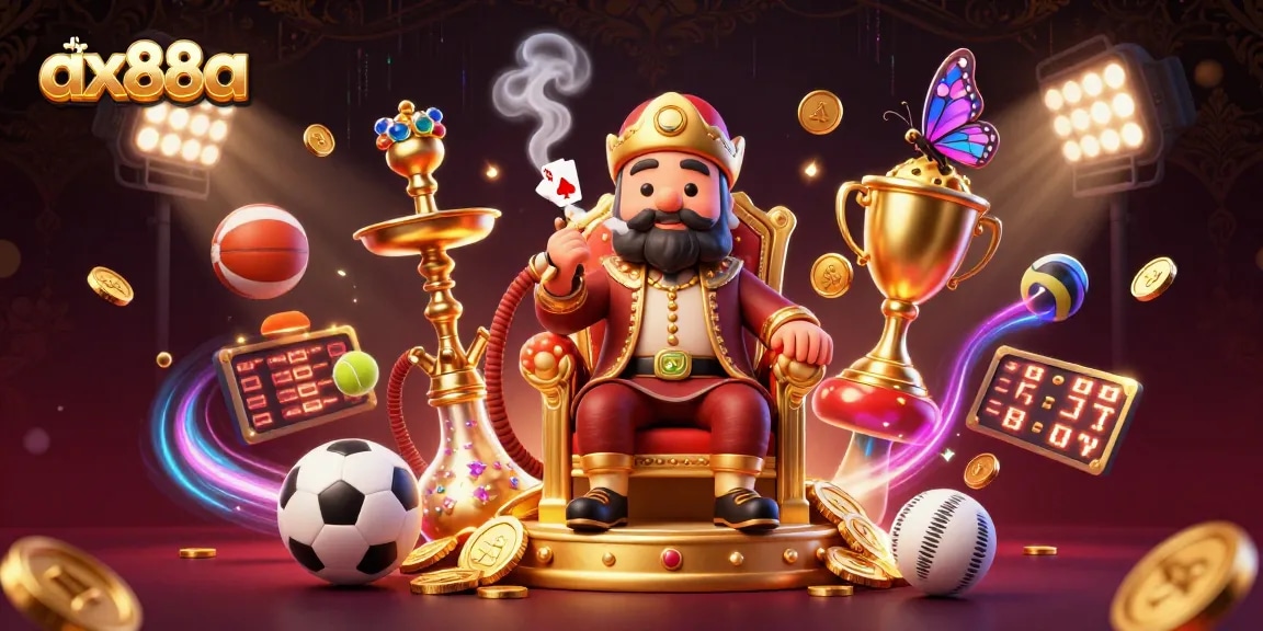 Experience thrilling games at ax88a with an engaging 3D illustration of casino elements and characters.
