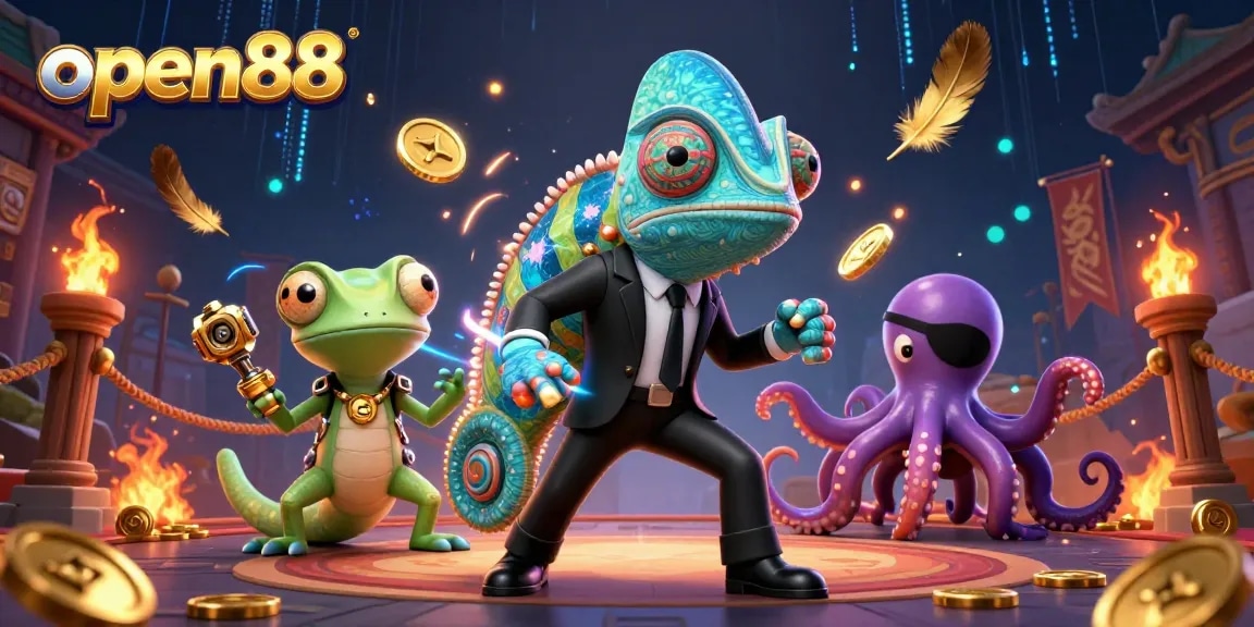 Experience thrilling adventures at open88 with vibrant casino characters amidst dynamic gaming elements.