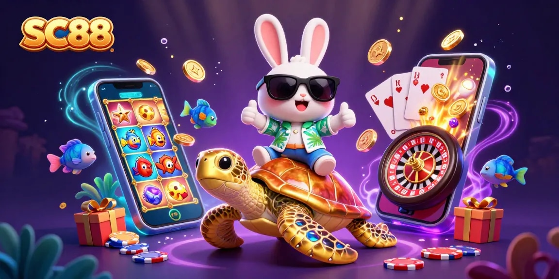 Play slot games at SC88 with the lucky rabbit and giant sea turtle, surrounded by vibrant casino elements.