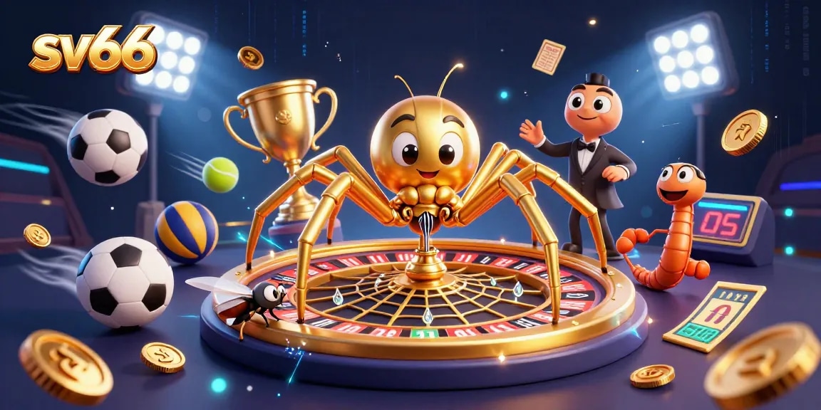 Experience the thrill of betting at sv66 with a captivating scene of a golden spider spinning a roulette web.