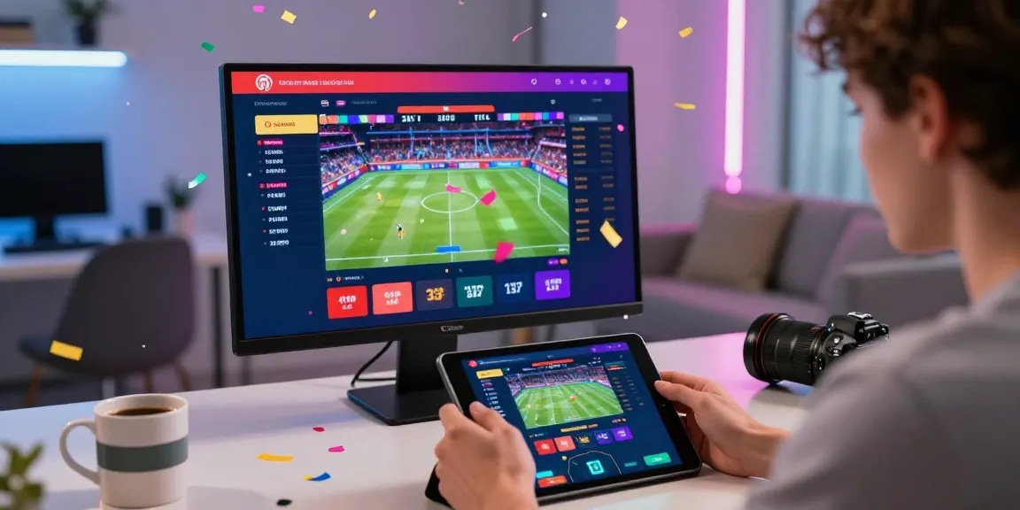 LUCK8 user engaged in online sports betting with vibrant graphics and modern home office.