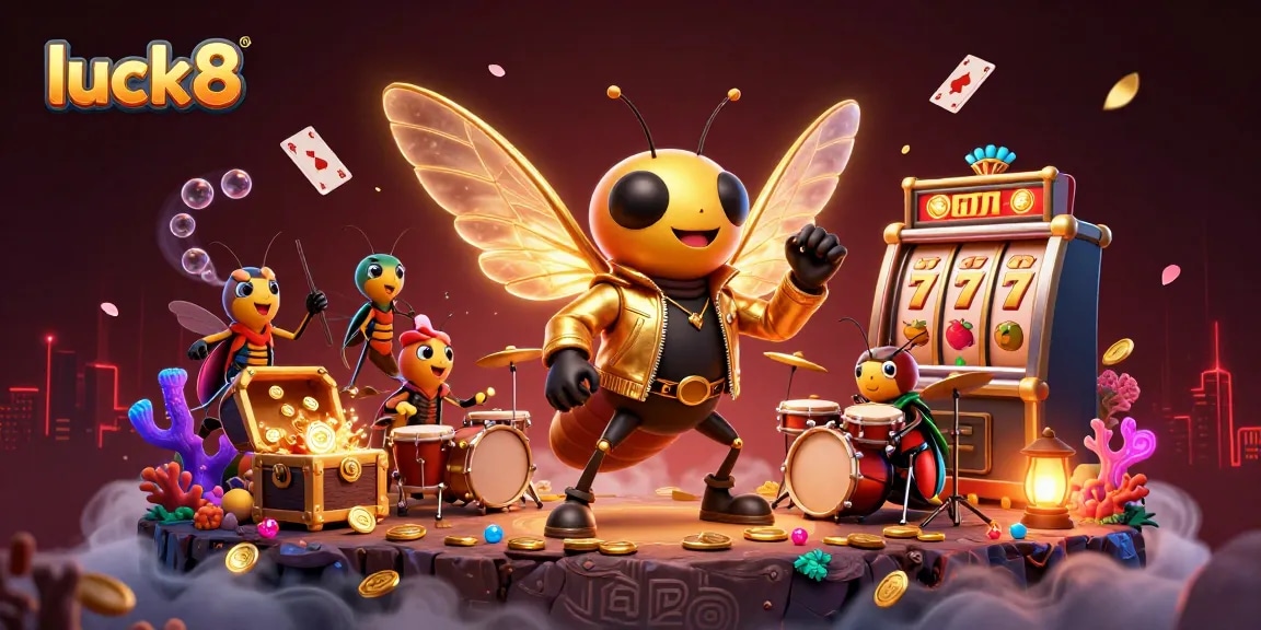 Spin the reels at luck8 with a vibrant 3D illustration featuring a cicada rock star, jackpot elements, and gold treasures.
